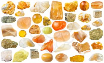 set of yellow natural mineral stones and gemstones isolated on white background