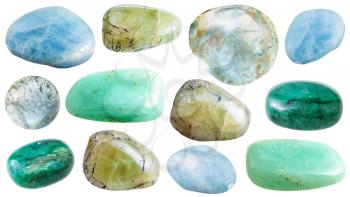 set of various beryl (aquamarine, beril, emerald) natural mineral stones and gemstones isolated on white background