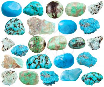 set of various turquoise and imitation natural mineral stones (howlite, turquenite, variscite) gemstones isolated on white background
