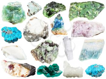 set of various natural mineral gemstones and crystals - chrome diopside, diopside, cinnabar, cacholong, lizardite, ussingite, scolecite, turquoise, demantoid, violane, etc isolated on white background