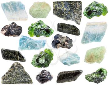 set of various Diopside natural mineral stones and gemstones isolated on white background