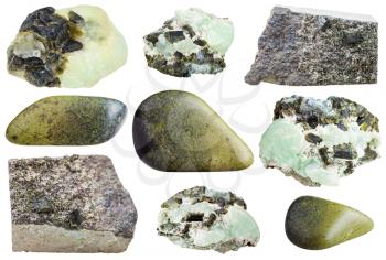 set of various epidote natural mineral stones and gemstones isolated on white background