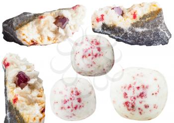 set of various cinnabar crystals in rock natural mineral stones and gemstones isolated on white background
