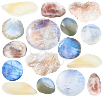 set of various moonstone (adularia) natural mineral stones and gemstones isolated on white background