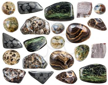 set of various natural rhyolite mineral stones and gemstones isolated on white background