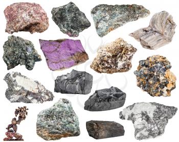 set of various natural mineral stones and rocks - baryte, barite, bismuthinite, bismuth, molybdenite, glaucophane, jet, lignite, shungite, shungit, nepheline, galena, etc isolated on white background