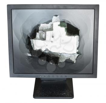 front view of broken monitor with damaged glass screen isolated on white background