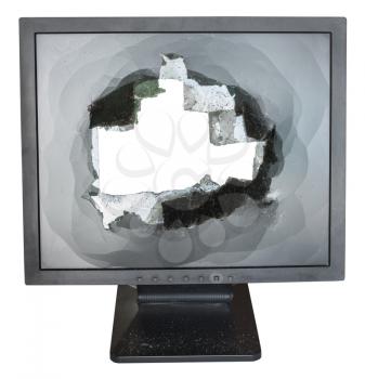 front view of broken monitor with cut out damaged screen isolated on white background