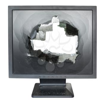 direct view of broken monitor with cut out damaged screen isolated on white background