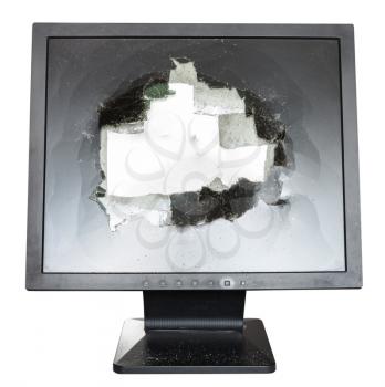 direct view of broken monitor with damaged glass screen isolated on white background