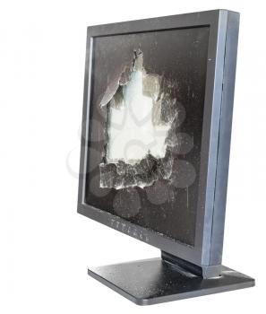 side view of broken monitor with damaged glass screen isolated on white background