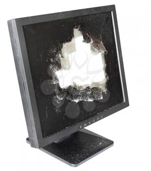side view of broken monitor with cut out damaged screen isolated on white background