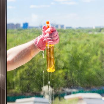 washing home window - washer sprays liquid from spray bottle to window glass with green park outside in sunny spring day