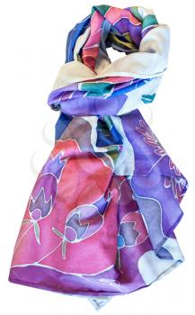 knotted hand painted batik silk blue and pink scarf with floral pattern isolated on white background