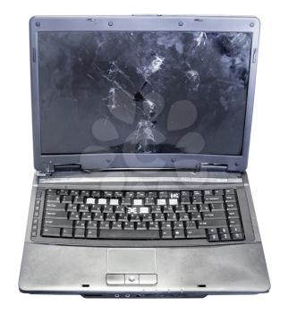 front view of old broken laptop isolated on white background