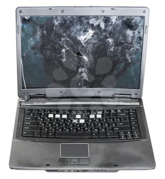 front view of old damaged laptop isolated on white background