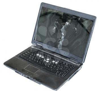 old damaged laptop isolated on white background