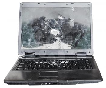 direct view of old broken laptop isolated on white background