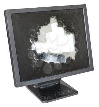 broken monitor with cut out damaged glass screen isolated on white background