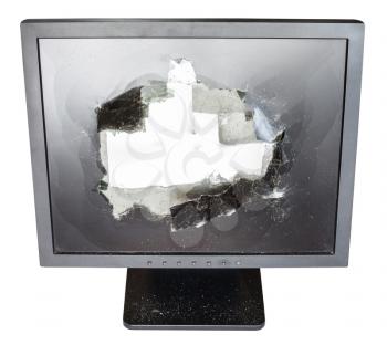 front above view of broken monitor with damaged glass screen isolated on white background