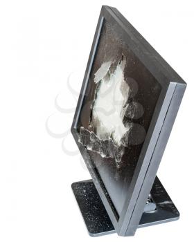 side above view of broken monitor with damaged glass screen isolated on white background