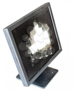 side above view of broken monitor with cut out damaged glass screen isolated on whit