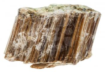 macro shooting of natural mineral stone - piece of brown asbestos isolated on white background