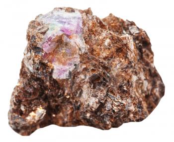 macro shooting of natural mineral stone - corundum crystal on rock of phlogopite isolated on white background
