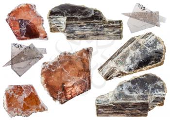 set of various natural mineral stones - specimens of Muscovite (Dioctahedral mica, common mica, isinglass, potash mica) isolated on white background