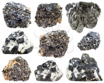 set of various natural mineral stones - Perovskite and knopite crystals (titanium ore, calcium titanate) isolated on white background