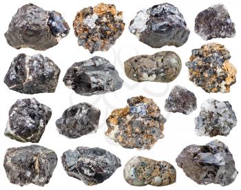 set of various natural mineral stones - rock of sphalerite (zinc blende) isolated on white background