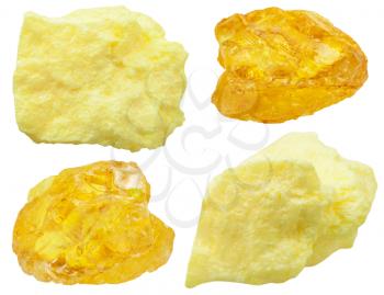 set of various natural mineral stones - specimens of native Sulfur (sulphur, brimstone) stone isolated on white background