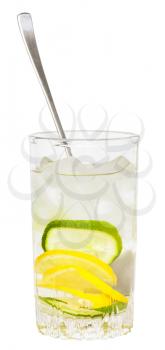 glass tumbler with spoon and cold lemonade drink from lemon and lime isolated on white background