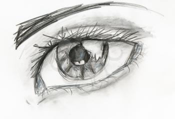 child's drawing - black and white picture of human eye close up hand drawing by pencil