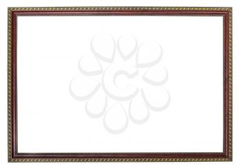 narrow wooden brown picture frame with golden ornament with cutout blank canvas isolated on white background
