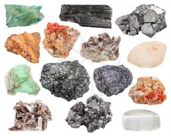 set of different mineral crystals, stones and gemstones: vanadinite, bornite, magnetite, axinite, tiger-eye, aegirine, volkonskoite, variscite, topaz, perovskite, ulexite isolated on white background