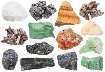 set of various mineral crystals, stones and gemstones: vanadinite, bornite, magnetite, axinite, tiger-eye, aegirine, volkonskoite, variscite, topaz, perovskite, ulexite isolated on white background