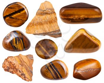set of polished and raw tiger-eye mineral gemstones isolated on white background