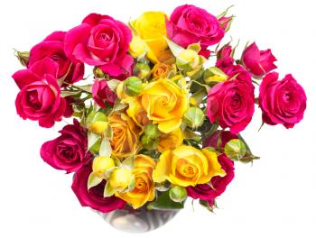 bouquet of pink and yellow rose spray flowers in vase on white background