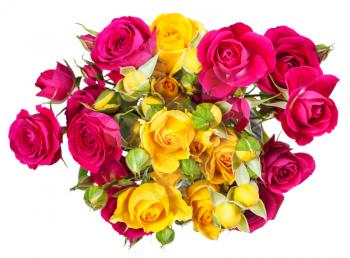 above view of bunch of pink and yellow rose spray flowers on white background