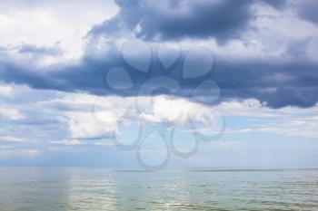 natural background - dark blue rain clouds over Sea of Azov, Temryuk bay, Golubitskaya resort, Taman peninsula, Kuban, Russia