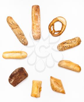 round set from various fresh bakery on white background