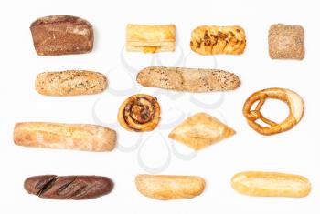 horizontal set from various fresh buns and loaves on white background