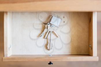 above view of bunch of door keys with keyfob in open drawer of nightstand