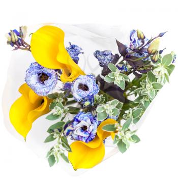 top view of bouquet from fresh yellow Calla lily, blue Lisianthus flowers and green spurge leaves isolated on white background