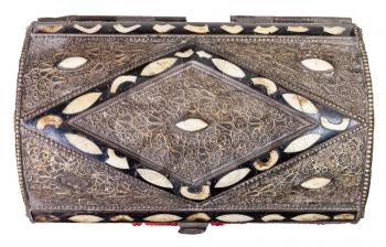 above view of traditional ancient arabic Casket decorated by incrustation isolated on white background