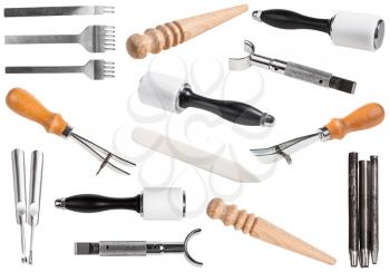 set of leathercraft tools - Slickers, Nylon hammers, Edge Creaser, Burnishers, Swivel knifes, Edge Beveler Skiving, Hole Punches, Prongs Lacing Stitching Chisels isolated on white background