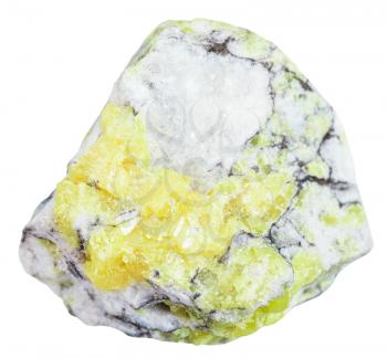 macro shooting of mineral resources - stone with sulfur ( brimstone, sulphur) isolated on white background