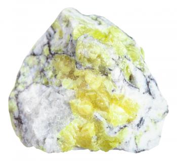 macro shooting of mineral resources - sulfur (brimstone, sulphur) vein in stone isolated on white background