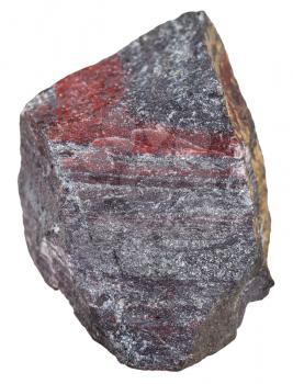 macro shooting of metamorphic rock specimens - pebble of jaspillite (jaspilite, ferruginous quartzite) mineral isolated on white background